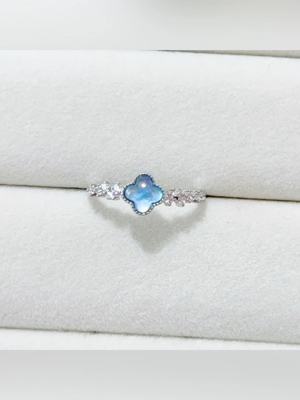 Natural Blue Aquamarine Four-Leaf Clover Ring Silver Plated Dainty Open Ring